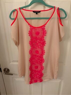Express Cream Cold-Shoulder Tunic with Neon Pink Trim